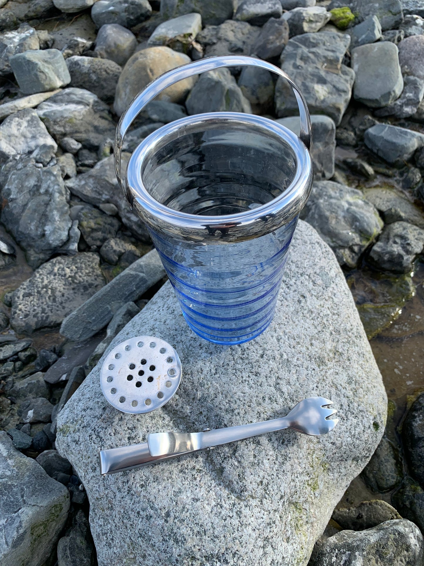 Holmegaard Eiskübel mit Bodengitter, Zange und silbernem Rand – Per Lütken