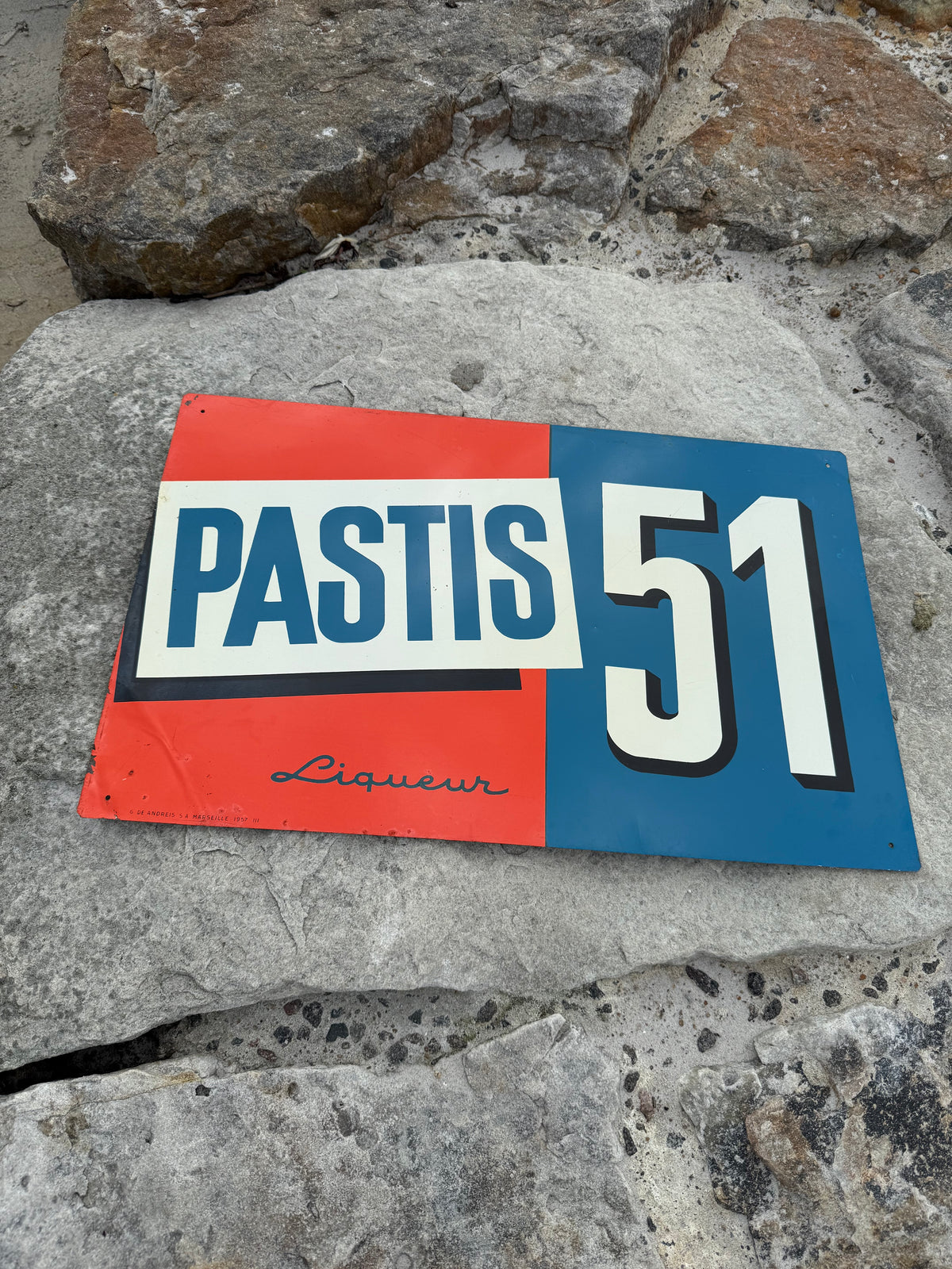 Pastis 51 Werbeschild aus lithographiertem Stahl von 1957