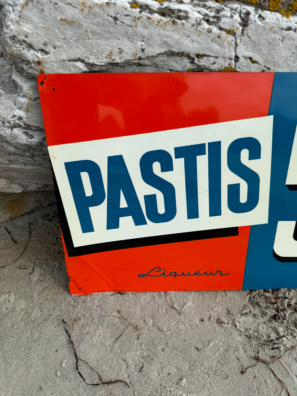 Pastis 51 Werbeschild aus lithographiertem Stahl von 1957
