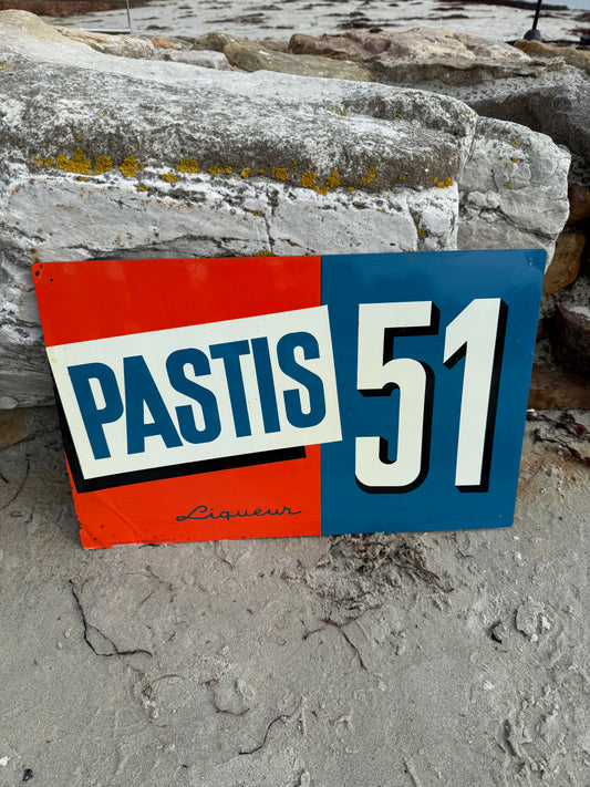 Pastis 51 Werbeschild aus lithographiertem Stahl von 1957